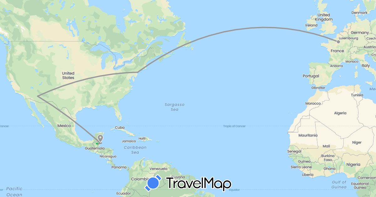 TravelMap itinerary: bus, plane in Belize, France, Guatemala, United States (Europe, North America)